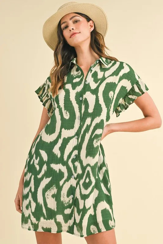 Women's Abstract Print Frill-Sleeve Mini Shirt Dress