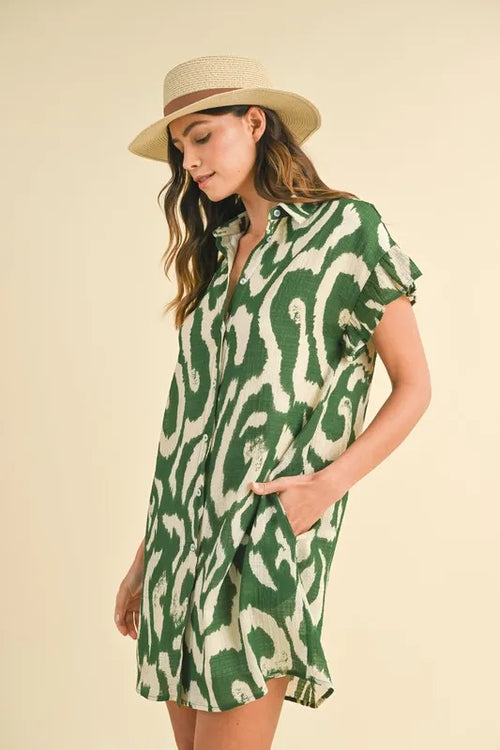 Women's Abstract Print Frill-Sleeve Mini Shirt Dress