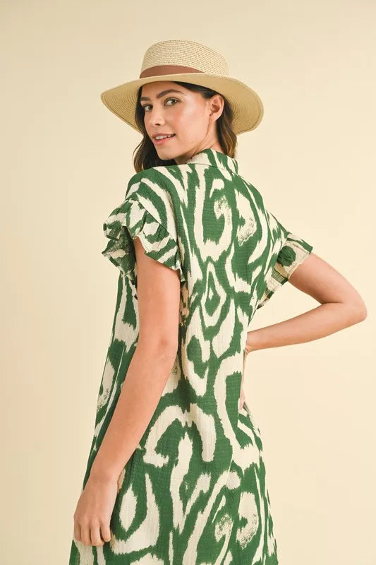 Women's Abstract Print Frill-Sleeve Mini Shirt Dress