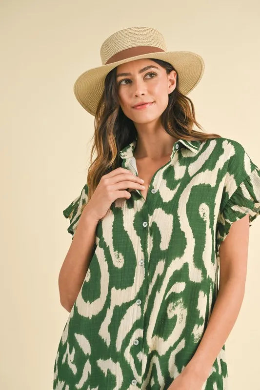 Women's Abstract Print Frill-Sleeve Mini Shirt Dress