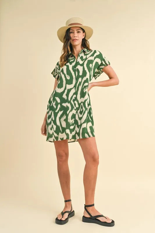Women's Abstract Print Frill-Sleeve Mini Shirt Dress
