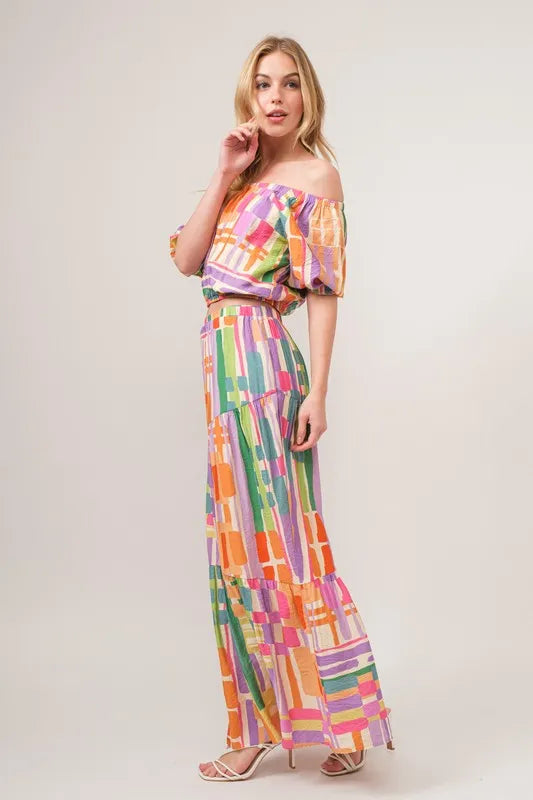 Women's Asymmetric Geo Print Tiered Maxi Skirt