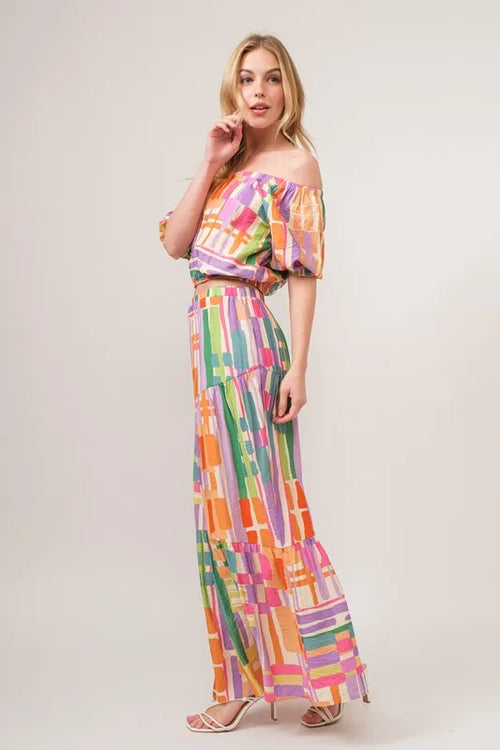 Women's Asymmetric Geo Print Tiered Maxi Skirt