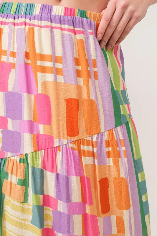 Women's Asymmetric Geo Print Tiered Maxi Skirt