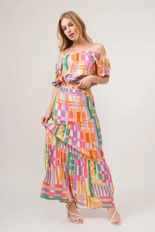 Women's Asymmetric Geo Print Tiered Maxi Skirt