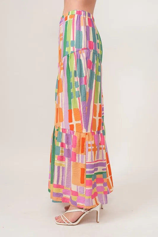 Women's Asymmetric Geo Print Tiered Maxi Skirt