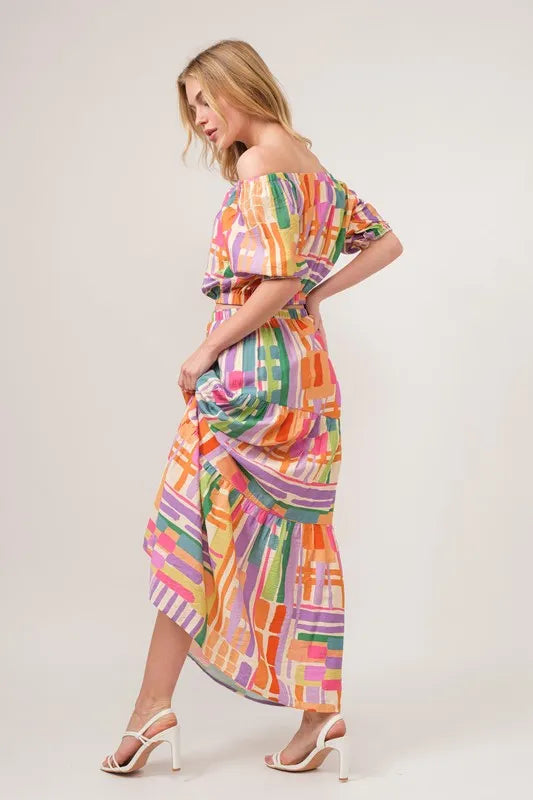 Women's Asymmetric Geo Print Tiered Maxi Skirt