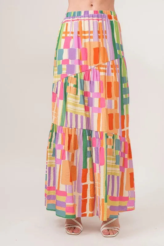 Women's Asymmetric Geo Print Tiered Maxi Skirt