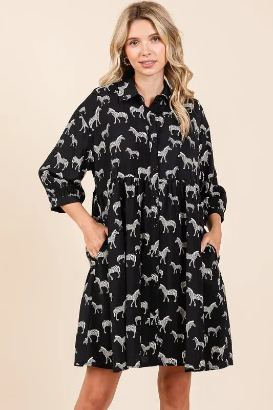 Women's Black Zebra Print Button-Front Mini Shirt Dress