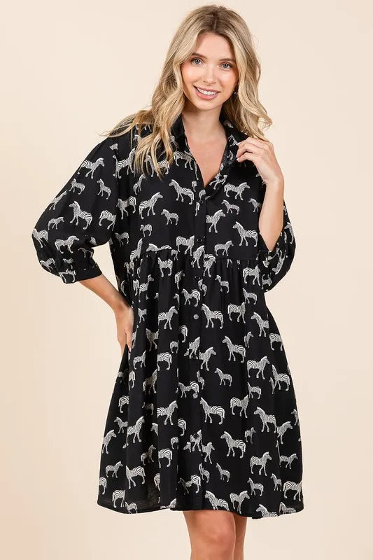 Women's Black Zebra Print Button-Front Mini Shirt Dress