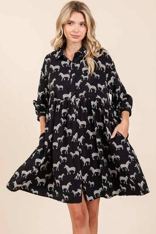 Women's Black Zebra Print Button-Front Mini Shirt Dress