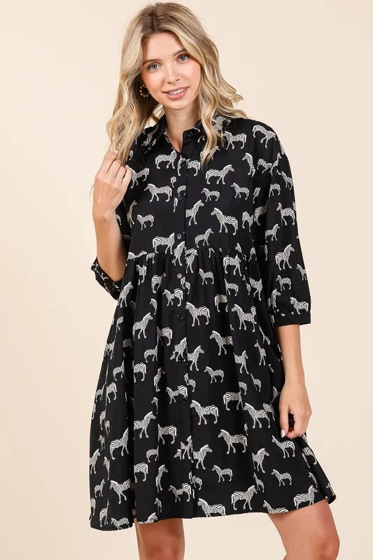 Women's Black Zebra Print Button-Front Mini Shirt Dress