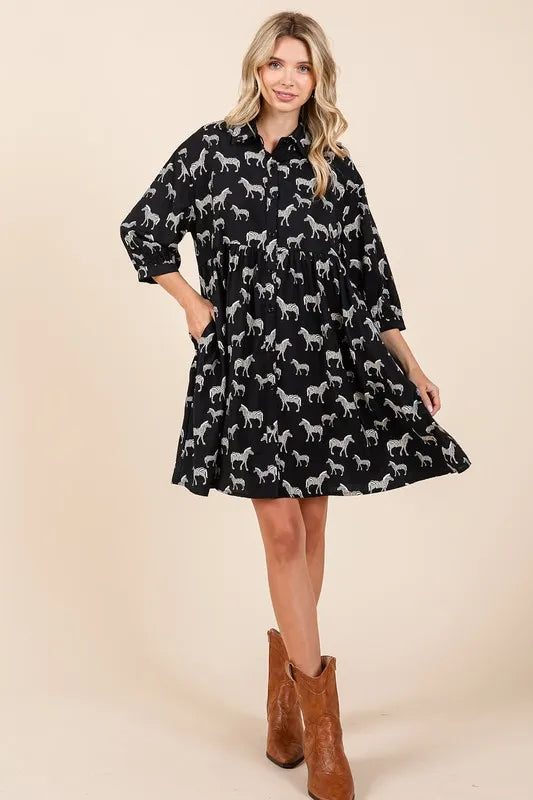 Women's Black Zebra Print Button-Front Mini Shirt Dress