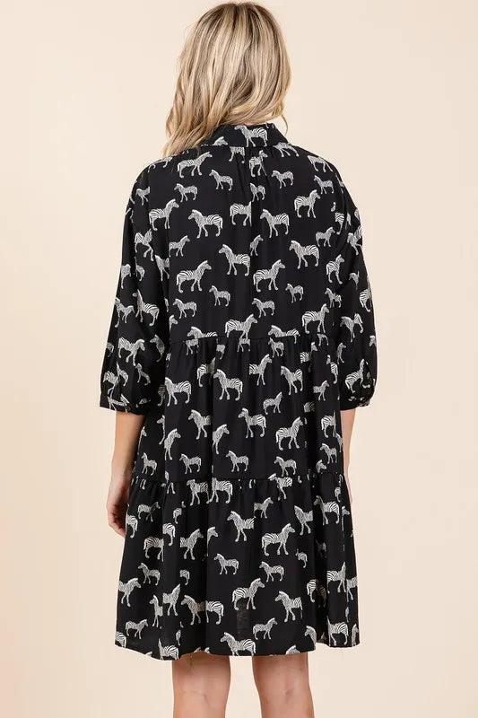 Women's Black Zebra Print Button-Front Mini Shirt Dress