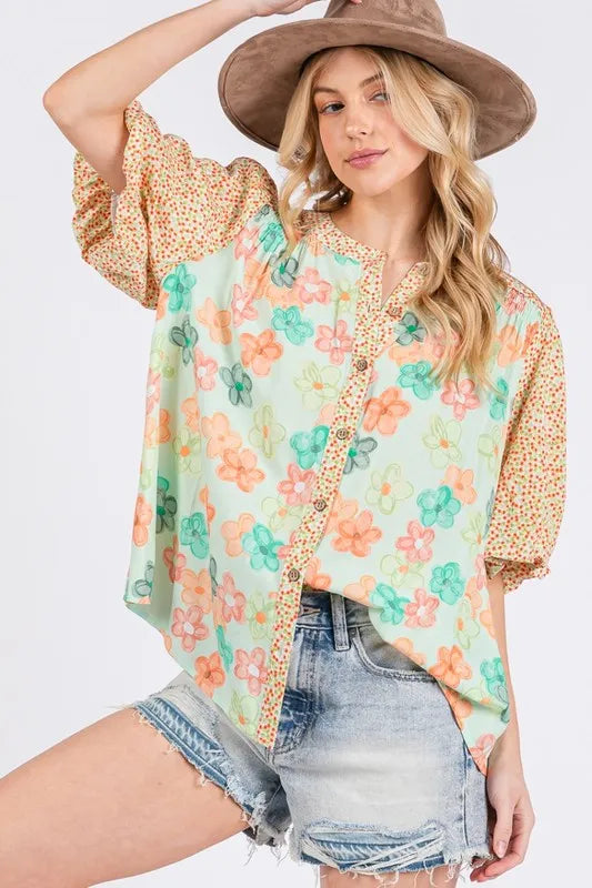 Women's Bubble-Sleeve Button-Front Shirt