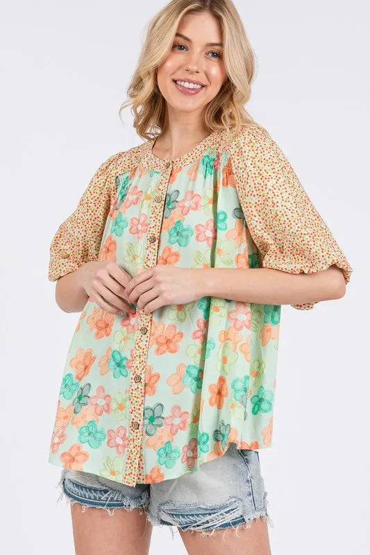 Women's Bubble-Sleeve Button-Front Shirt