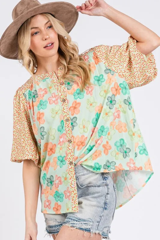 Women's Bubble-Sleeve Button-Front Shirt