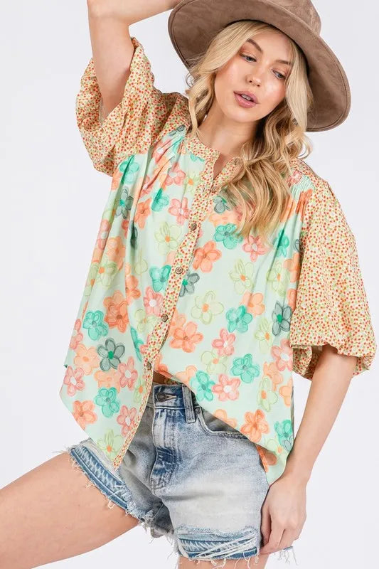 Women's Bubble-Sleeve Button-Front Shirt