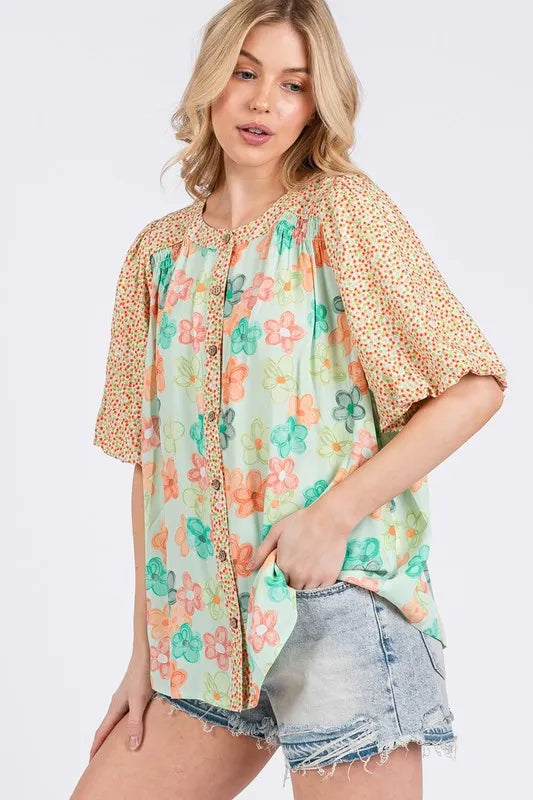 Women's Bubble-Sleeve Button-Front Shirt