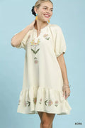 Women's Ecru Embroidered Floral Babydoll Dress