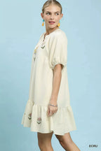 Women's Ecru Embroidered Floral Babydoll Dress