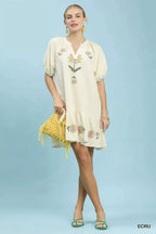 Women's Ecru Embroidered Floral Babydoll Dress