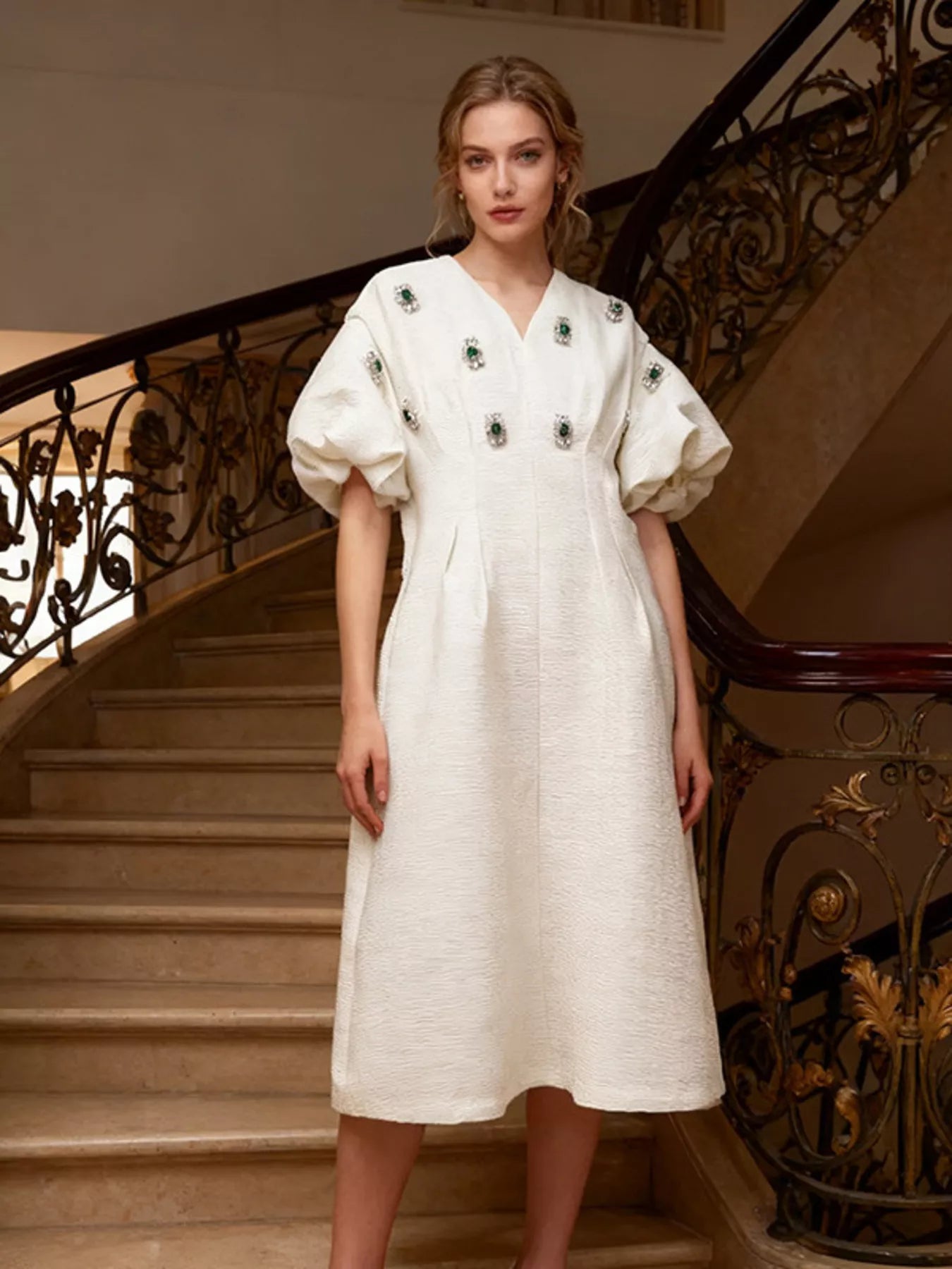 Women's Embellished Puff-Sleeve Midi Dress