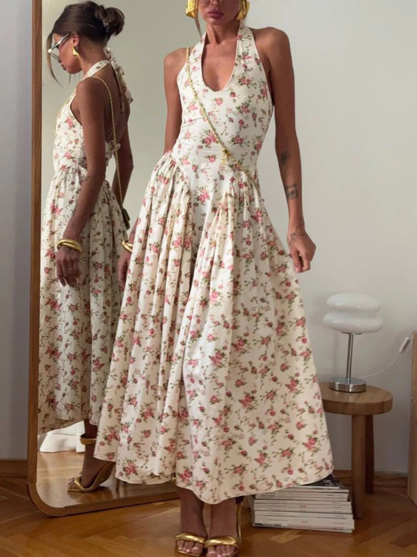 Women's Floral Halter-Neck Midi Dress