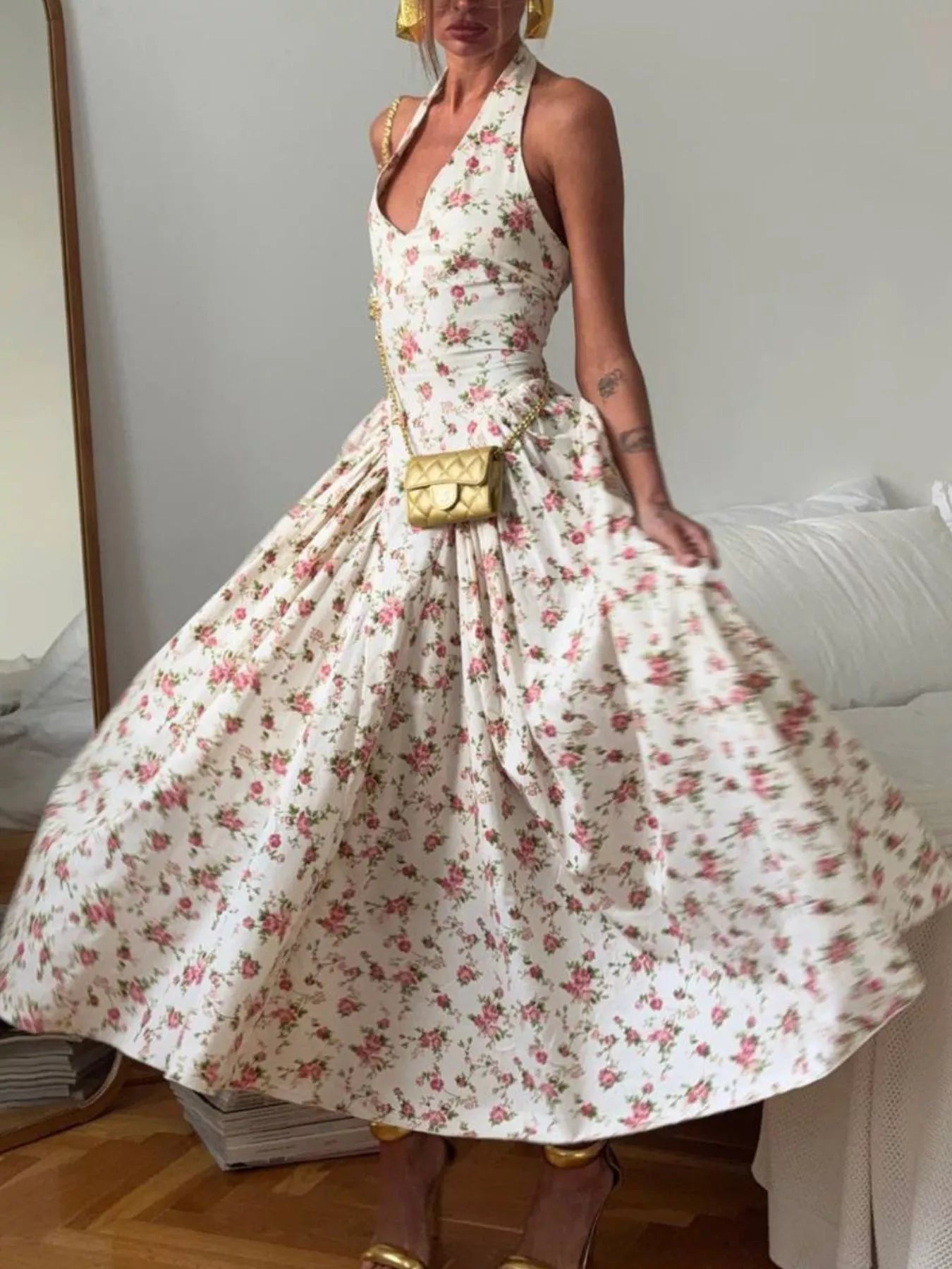 Women's Floral Halter-Neck Midi Dress