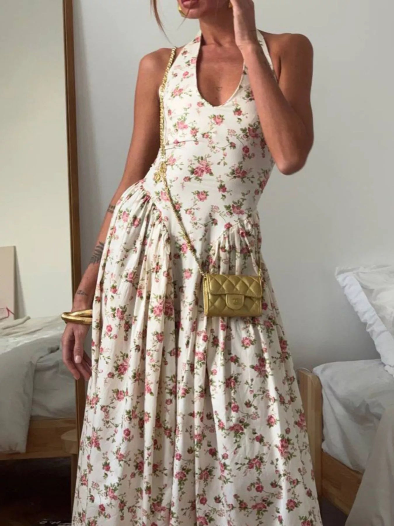 Women's Floral Halter-Neck Midi Dress