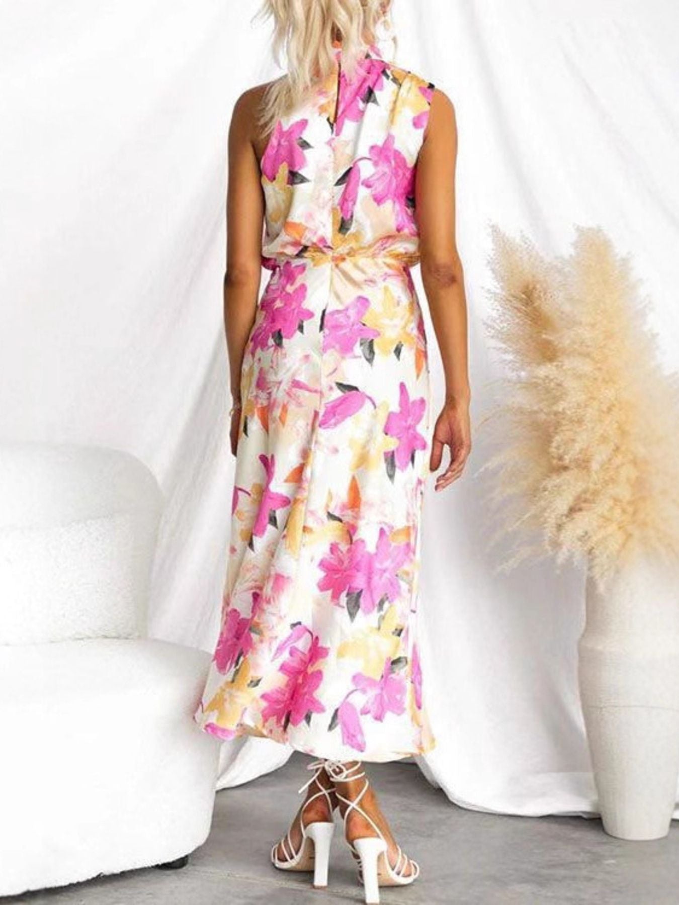 Women's Floral High-Neck Sleeveless Midi Dress