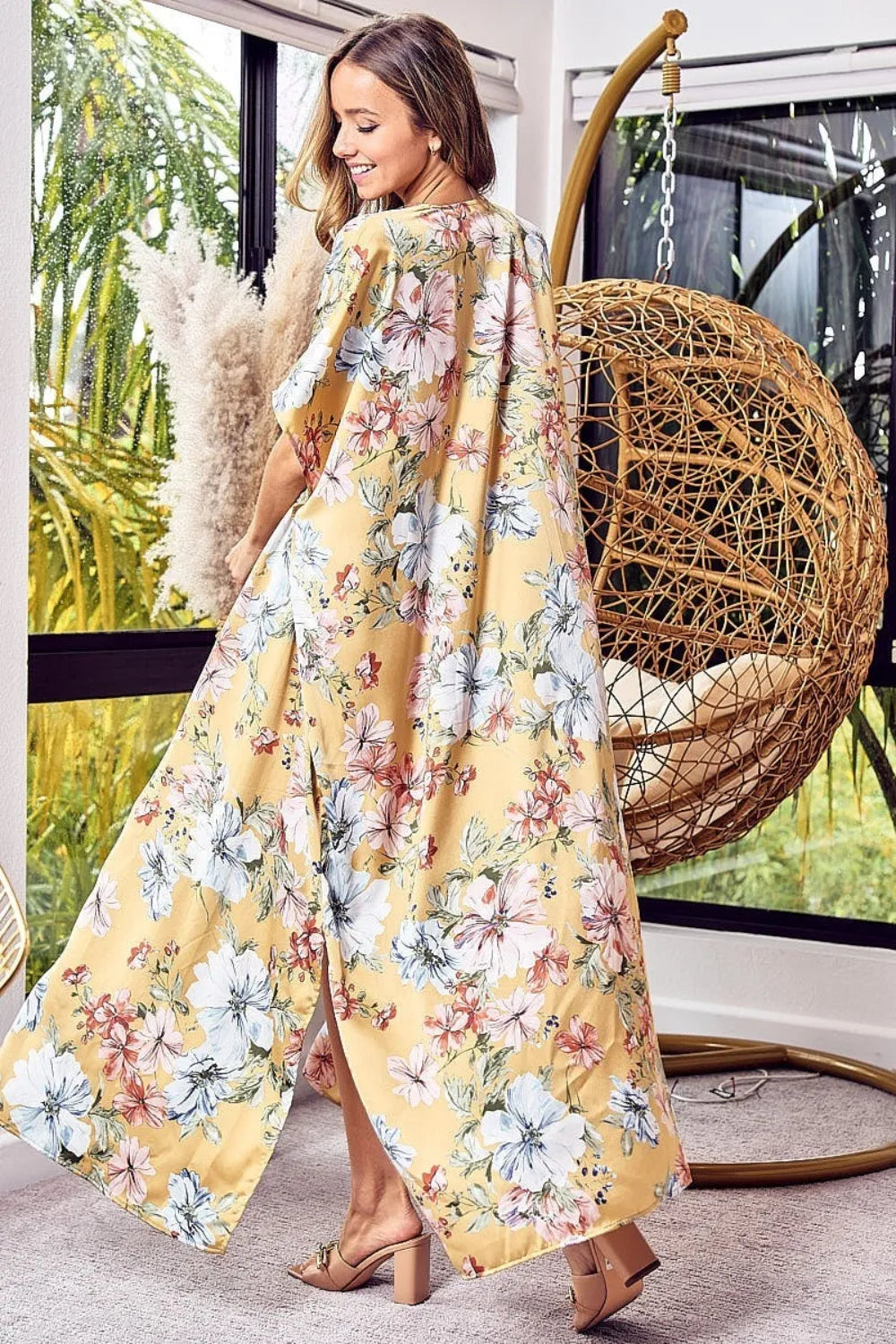 Women's Floral Side-Slit Longline Cardigan