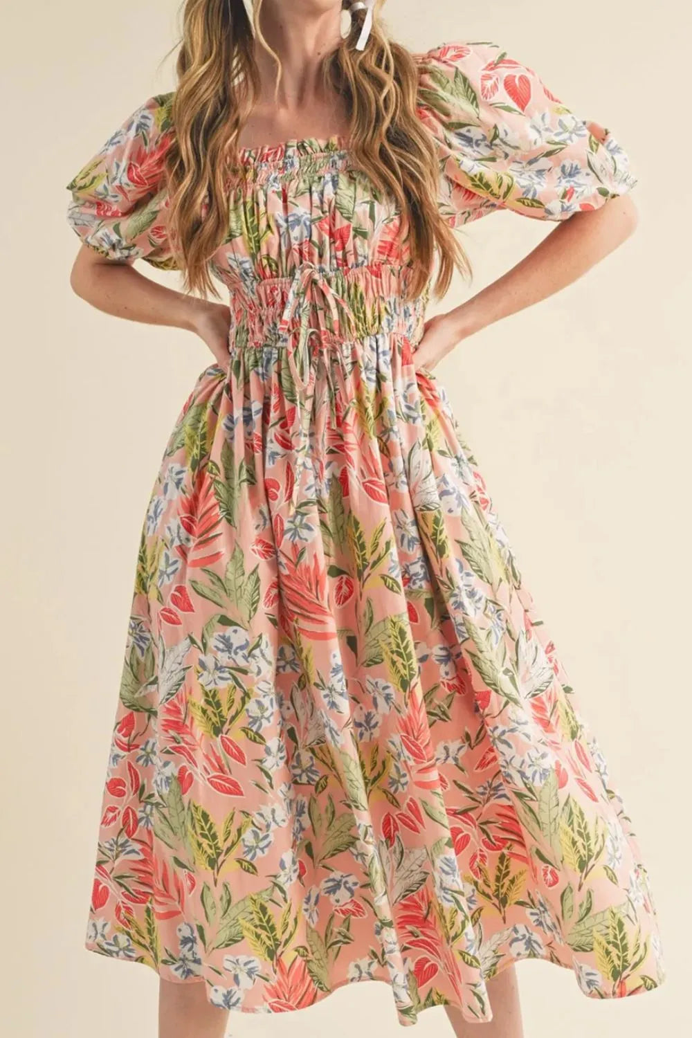Women's Floral Smocked Square-Neck Midi Dress