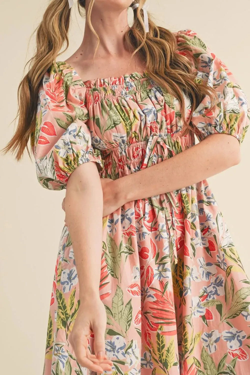 Women's Floral Smocked Square-Neck Midi Dress