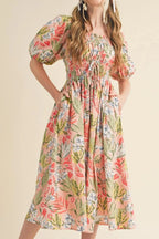 Women's Floral Smocked Square-Neck Midi Dress