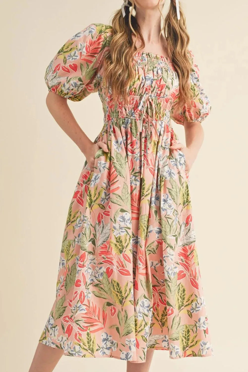 Women's Floral Smocked Square-Neck Midi Dress