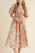 Women's Floral Smocked Square-Neck Midi Dress