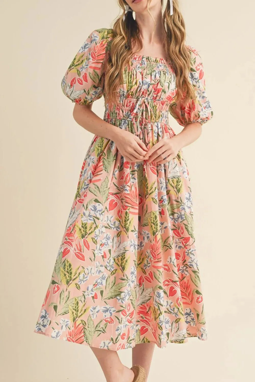 Women's Floral Smocked Square-Neck Midi Dress