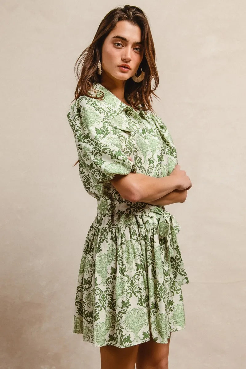 Women's Floral Tie-Waist Mini Shirt Dress