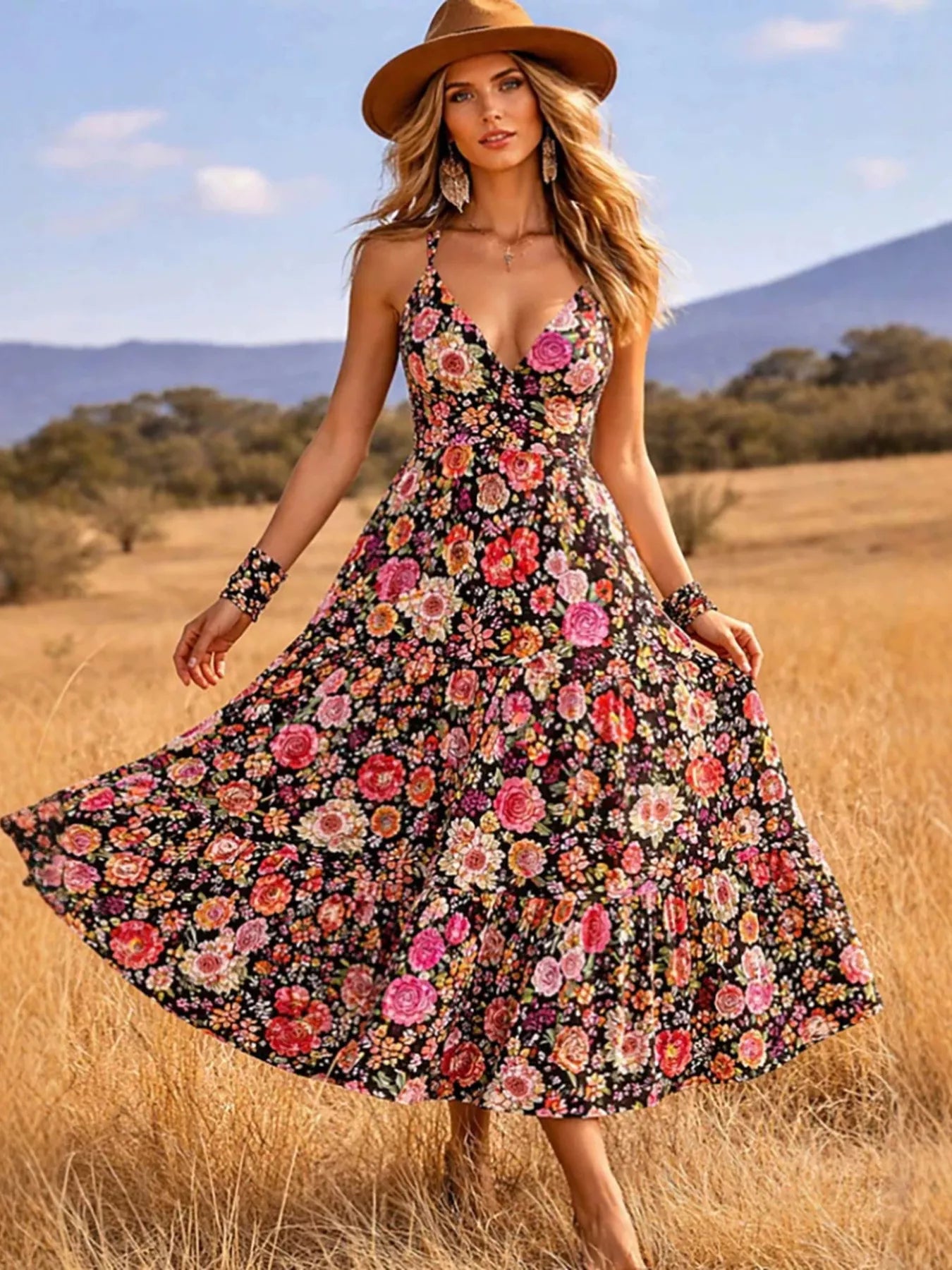 Women's Floral V-Neck Tiered Midi Dress