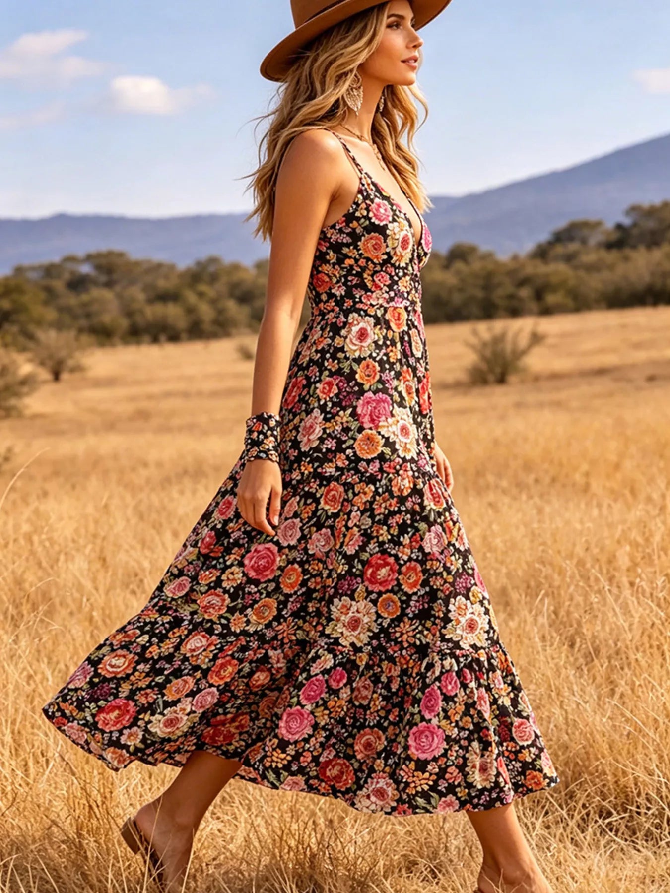 Women's Floral V-Neck Tiered Midi Dress