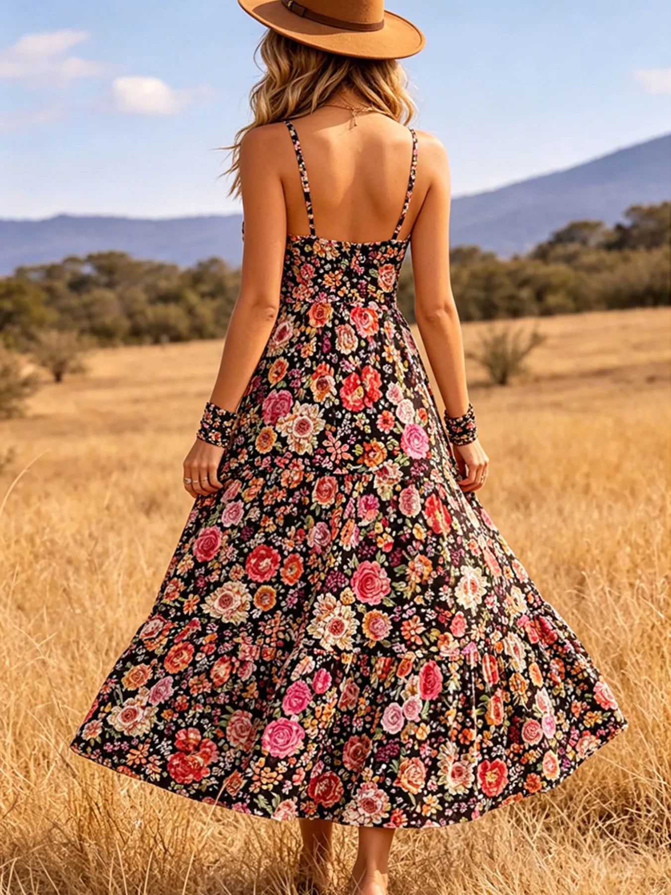 Women's Floral V-Neck Tiered Midi Dress