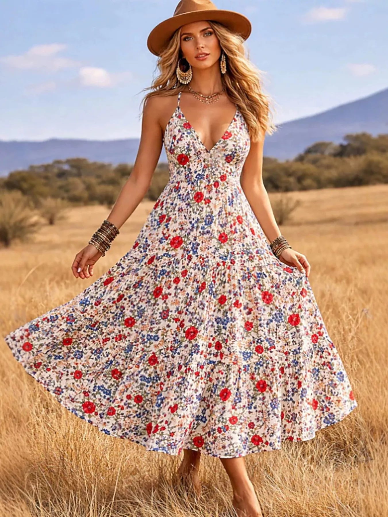 Women's Floral V-Neck Tiered Midi Dress