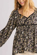 Women's Floral Velvet-Trim Balloon Sleeve Top