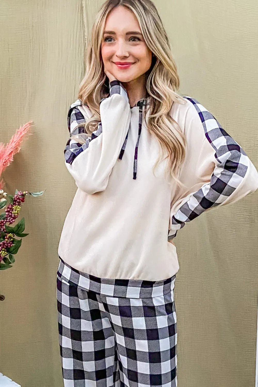 Women's Hooded Top and Plaid Pants Lounge Set