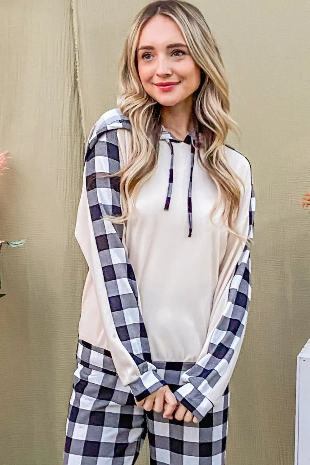 Women's Hooded Top and Plaid Pants Lounge Set