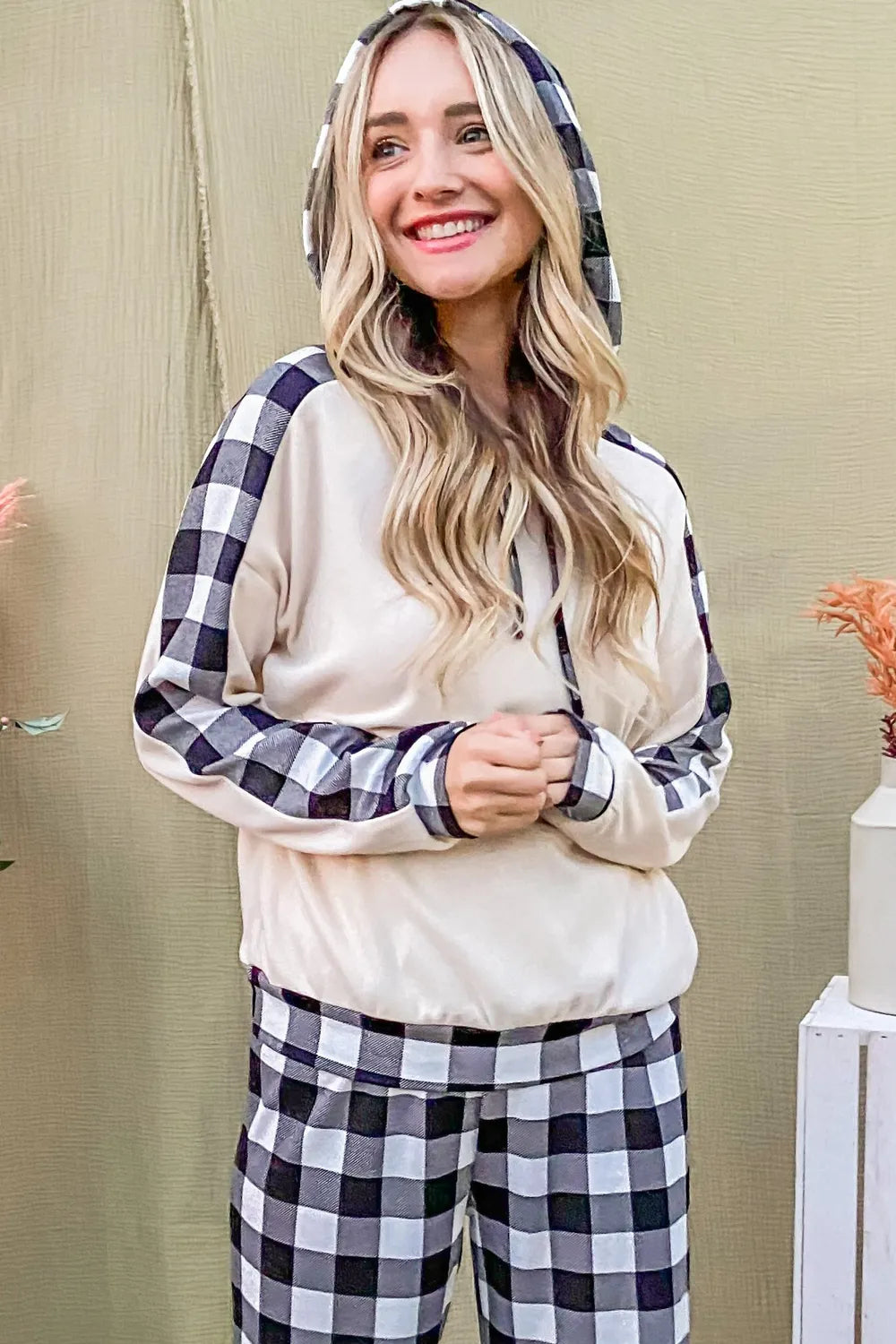 Women's Hooded Top and Plaid Pants Lounge Set
