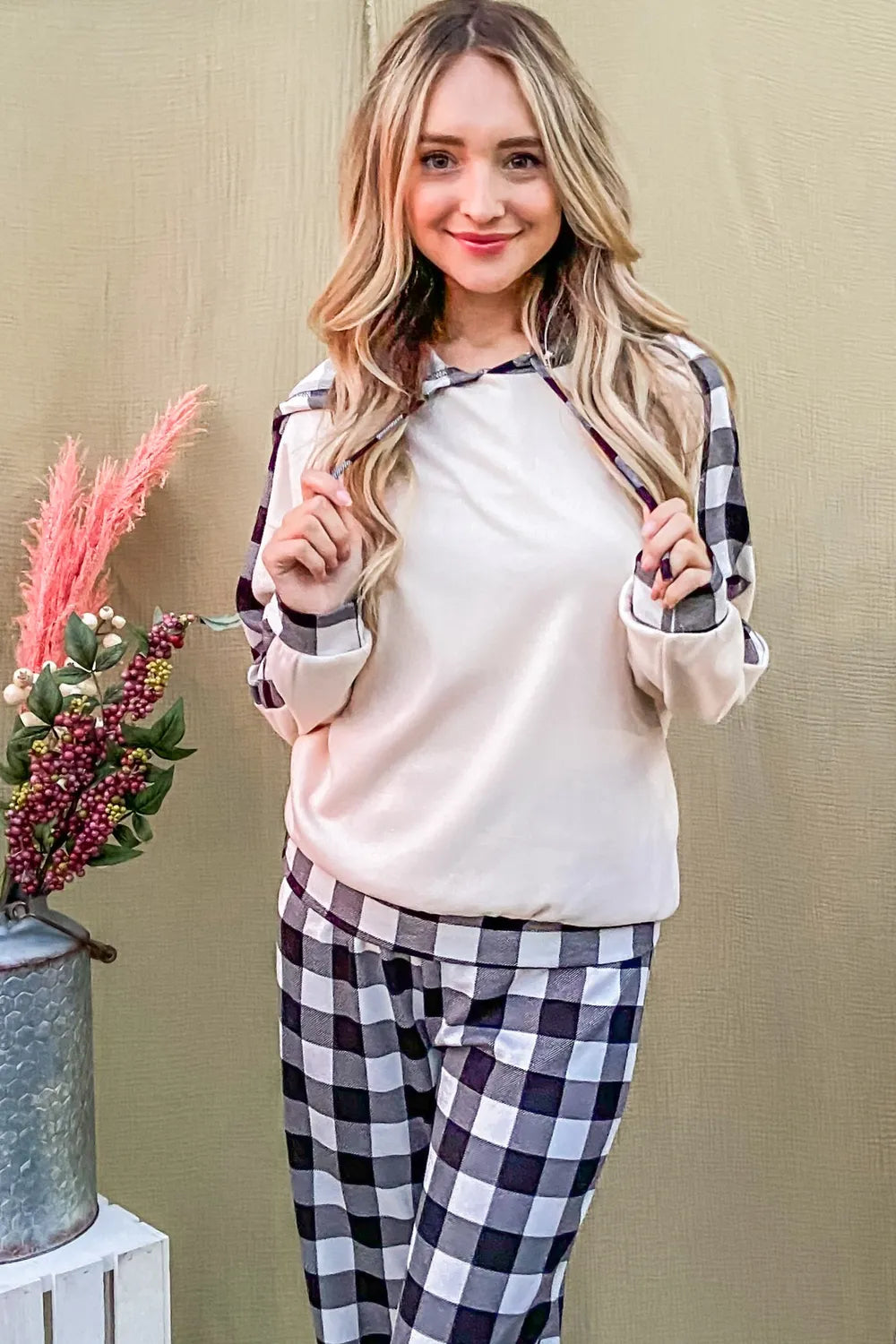 Women's Hooded Top and Plaid Pants Lounge Set
