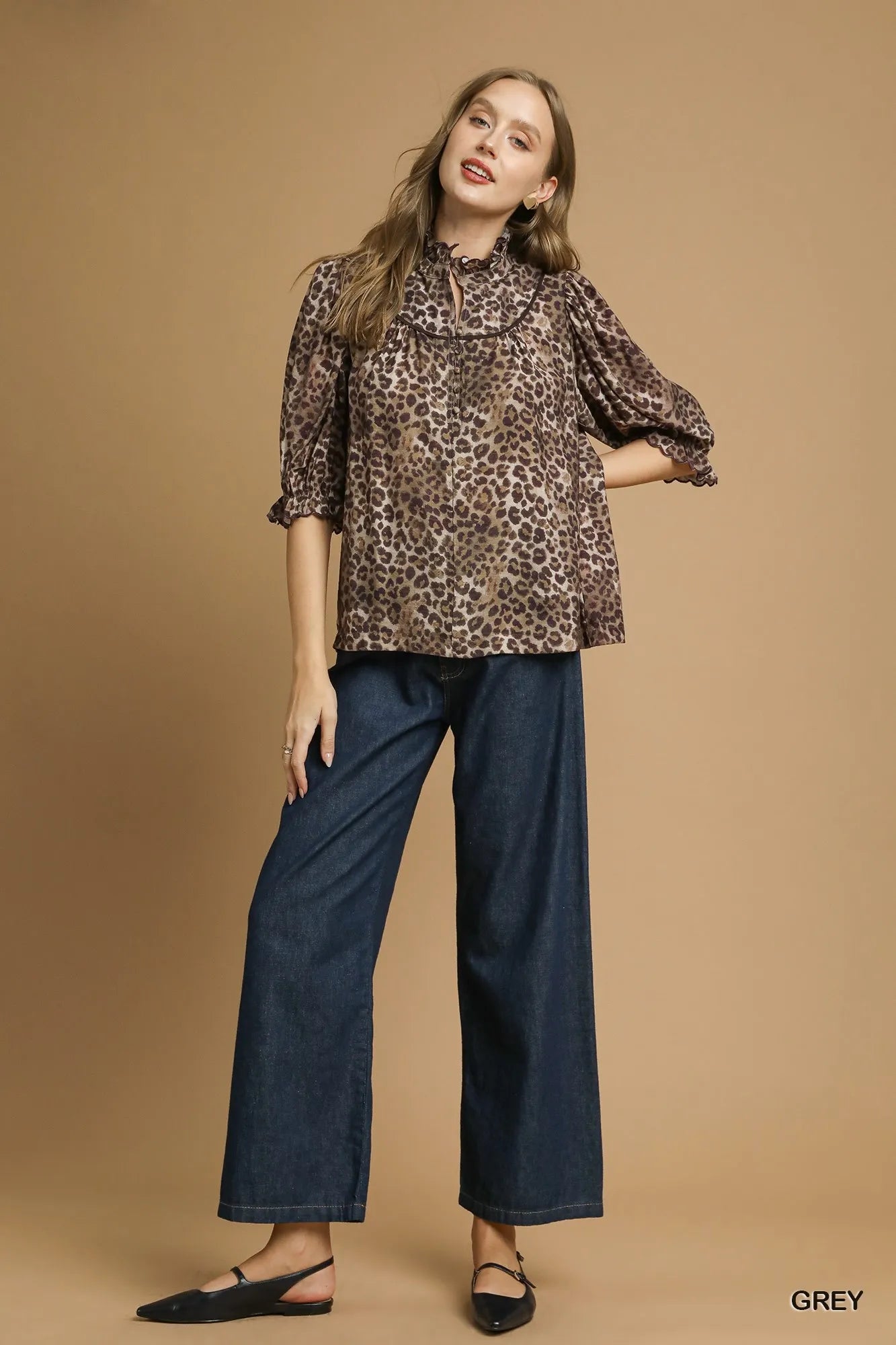 Women's Leopard Ruffle-Neck Blouse