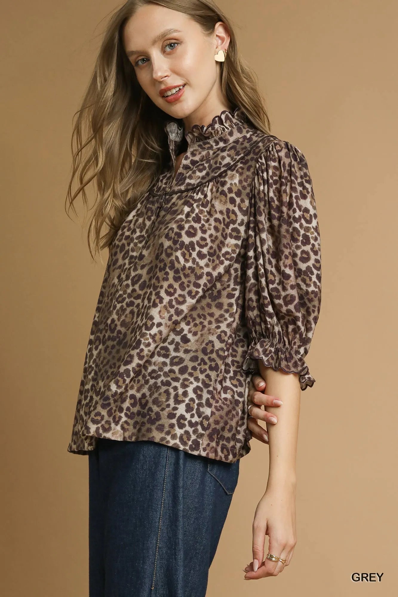 Women's Leopard Ruffle-Neck Blouse